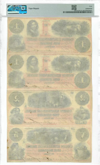 1860 $1 $1 $2 $5 DE SOTO NEBRASKA CORN EXCHANGE BANK UNCUT SHEET PMG 40 NET