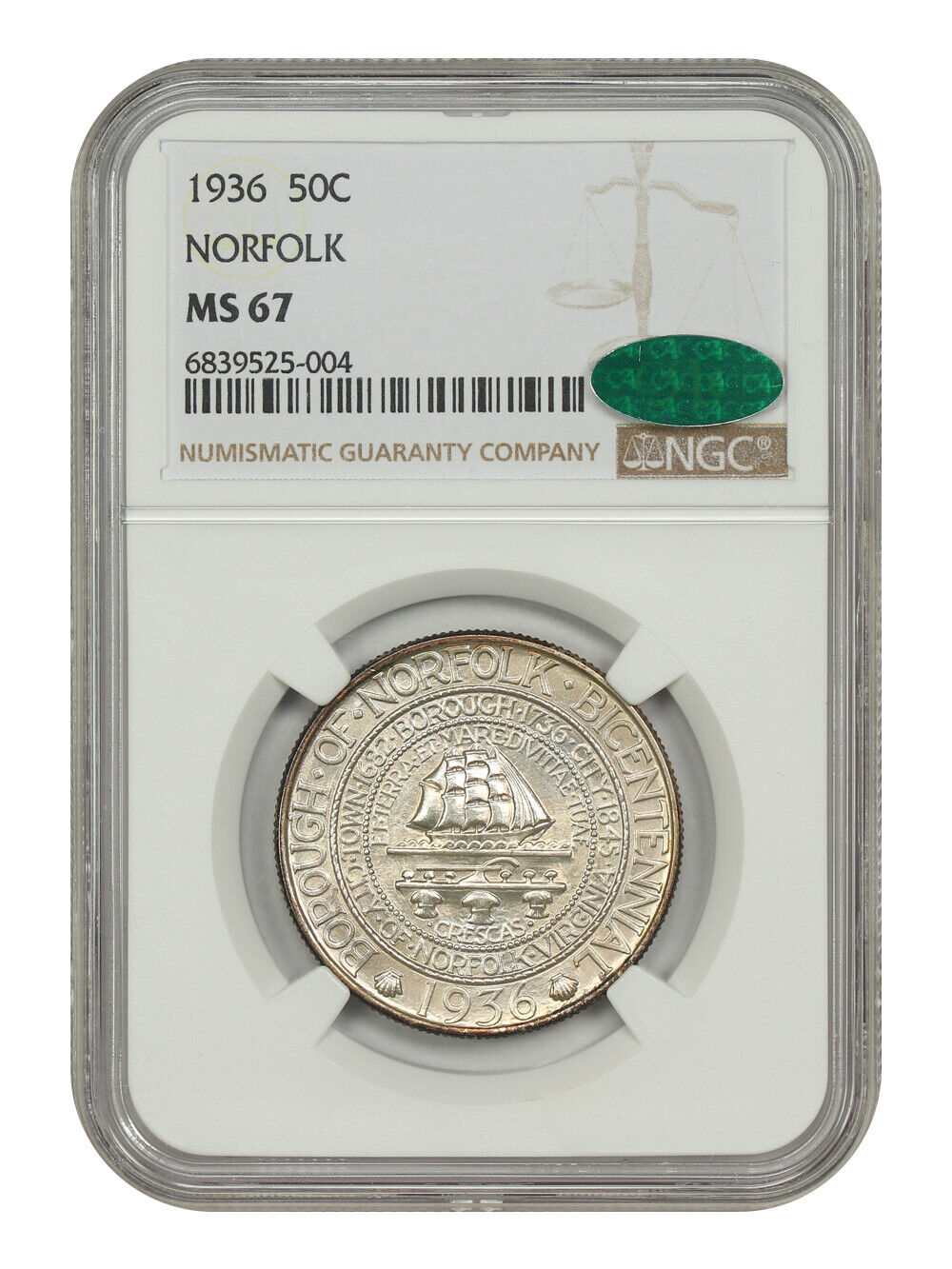 1936 50C Norfolk NGC/CAC MS67 - Classic Silver Commemorative - Low Mintage Issue