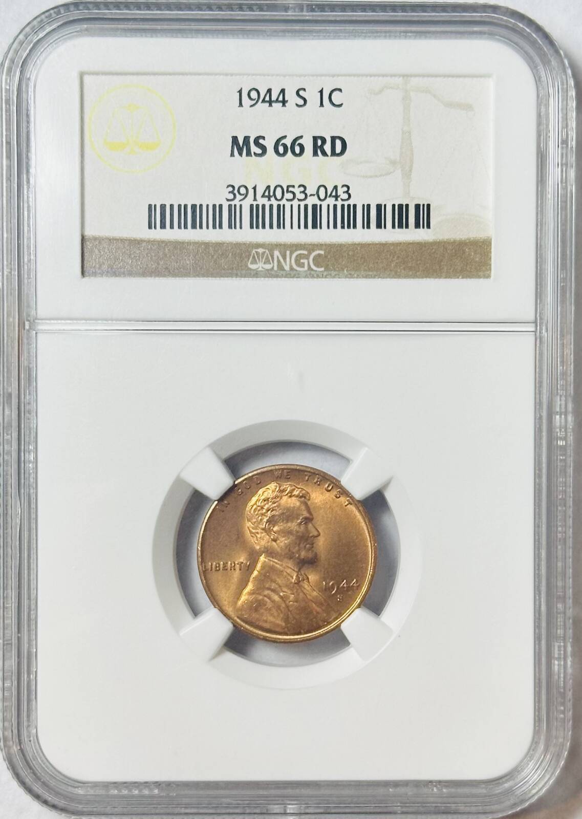 1944 S Small Cents Lincoln, Wheat Ears Reverse NGC MS-66 RD