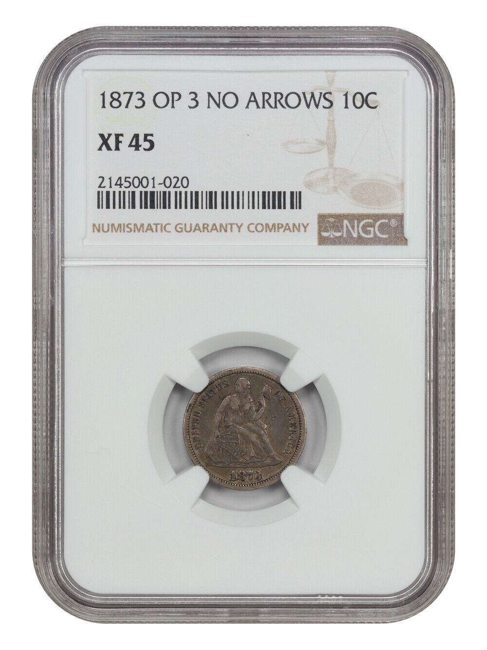 1873 10C NGC XF45 (Open 3, No Arrows) - Liberty Seated Dime