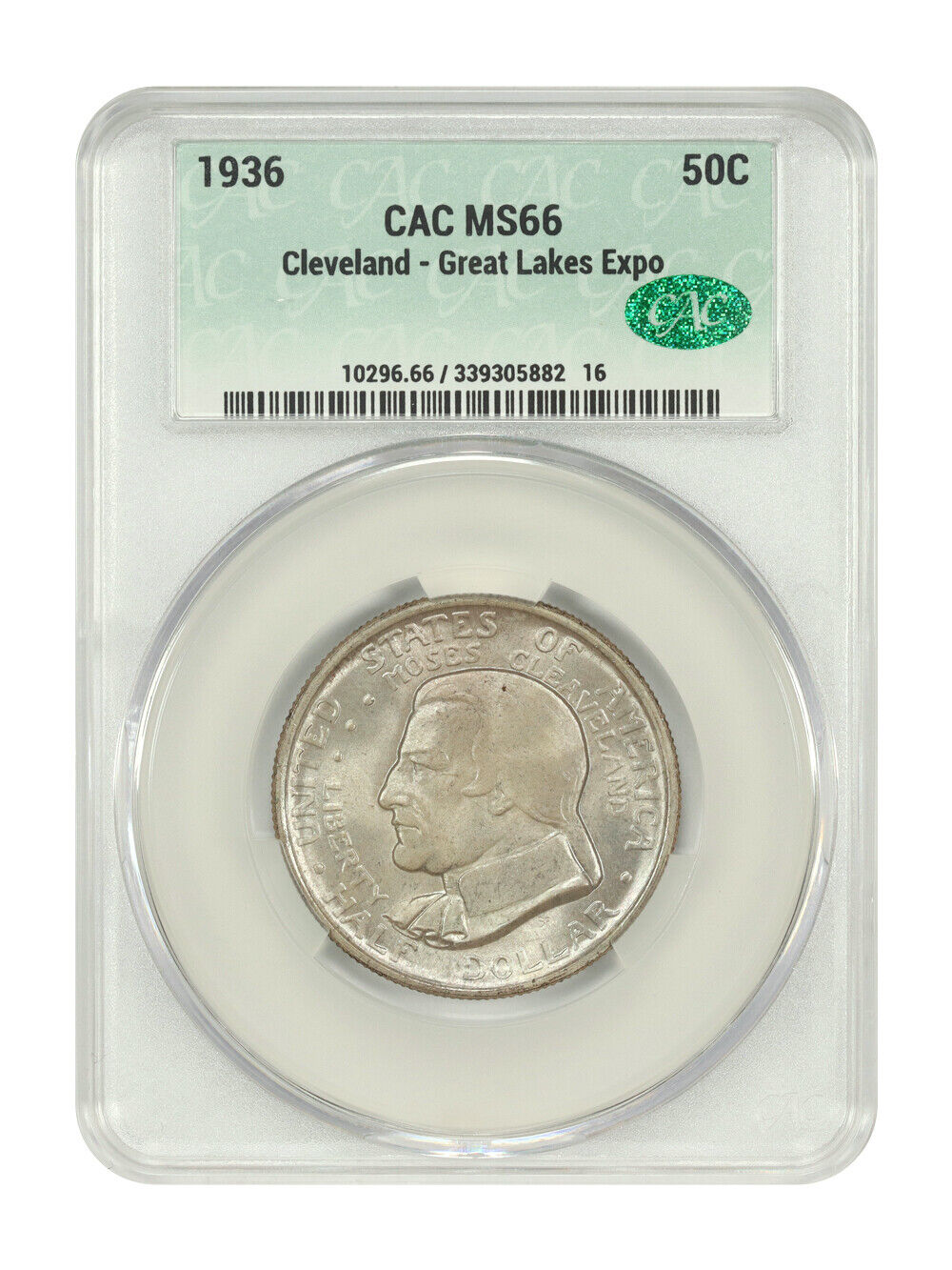 1936 50C Cleveland CACG MS66 - Classic Silver Commemorative - Satiny Luster