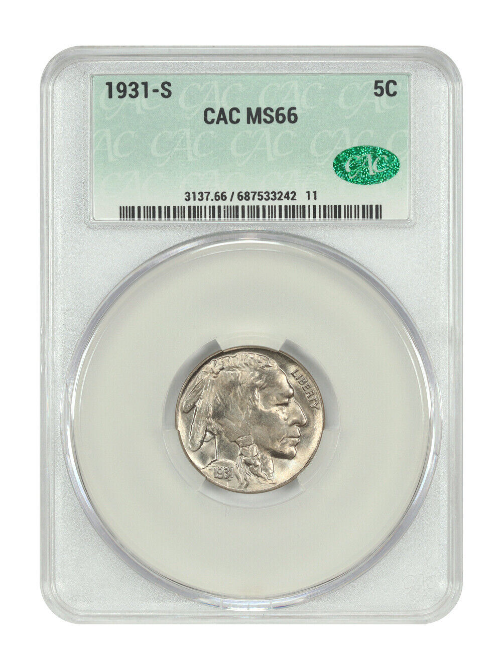 1931-S 5C CACG MS66 - Buffalo Nickel