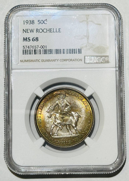 1938 P Commemorative New Rochelle NGC MS-68 Rainbow Toning