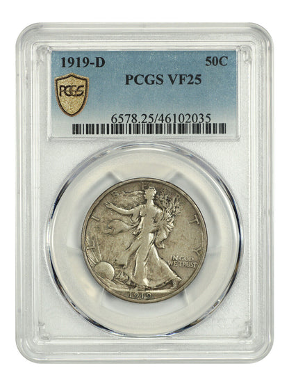 1919-D 50C PCGS VF25 - Walking Liberty Half Dollar - Key Date