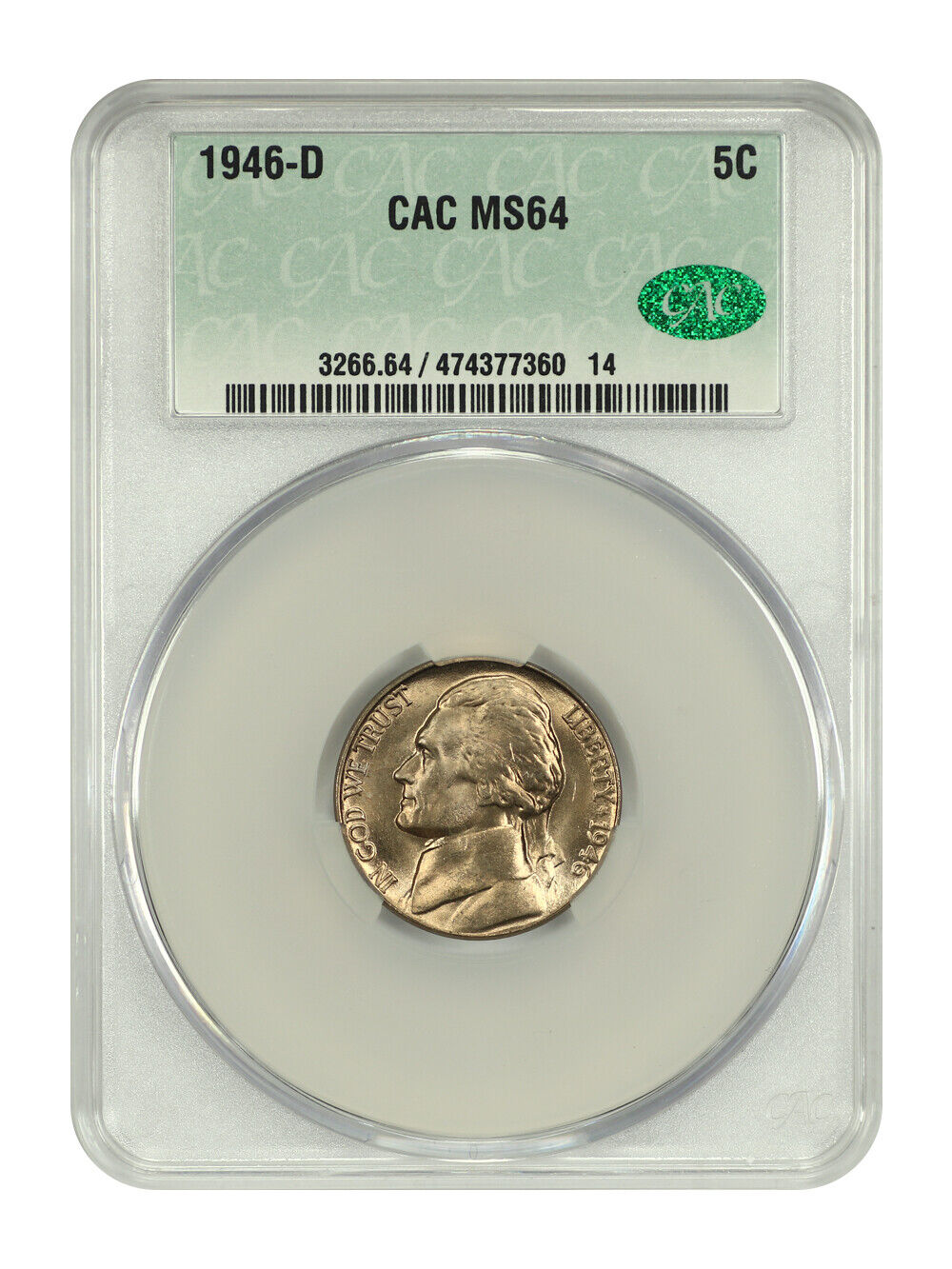 1946-D 5C CACG MS64 - Jefferson Nickel