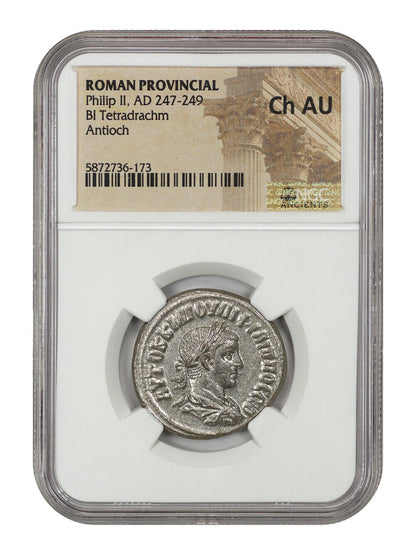 Ancient Roman: Philip II (AD 247-249) BI Tetradrachm NGC Choice AU