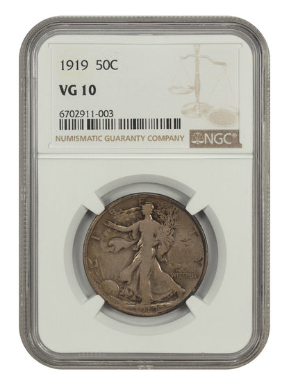 1919 50C NGC VG10 - Walking Liberty Half Dollar - Scarce, Early Walker