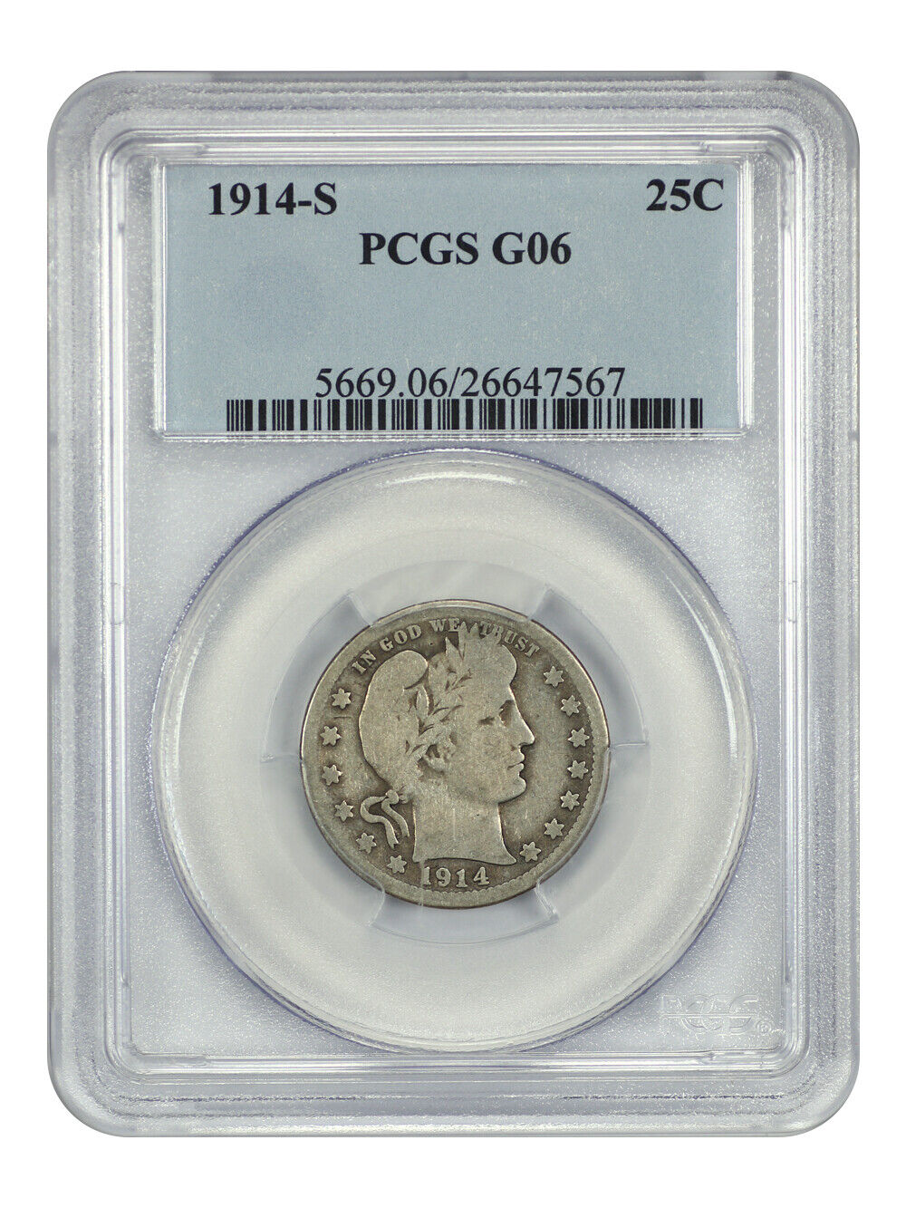 1914-S 25C PCGS G6 - Barber Quarter