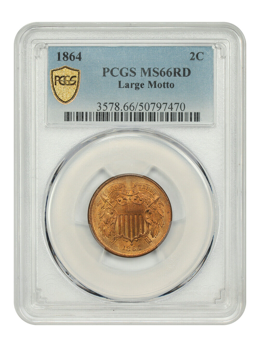 1864 2C PCGS MS66RD (Large Motto) - Two Cent - First Year of Issue