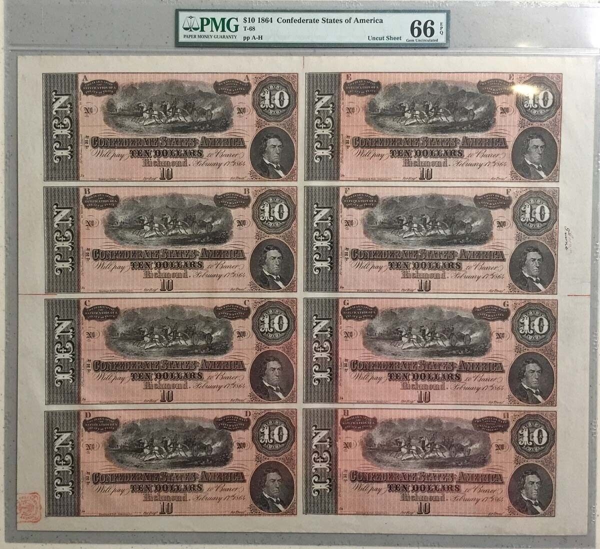 1864 $10 Confederate CSA T-68 Uncut Sheet 8 Notes PMG GEM 66 EPQ