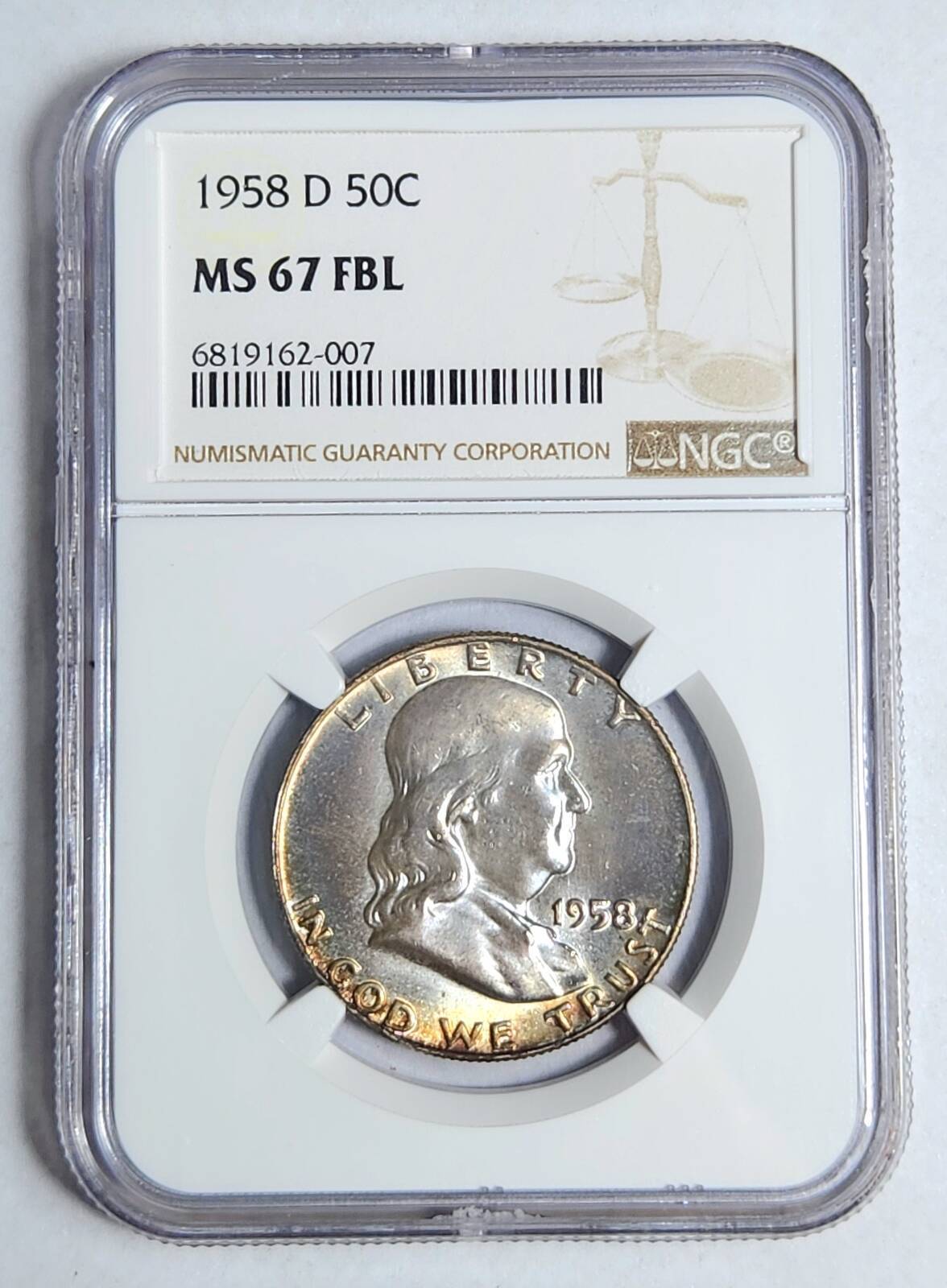 1958 D Franklin Half Dollar NGC MS-67 FBL - PRETTY TONING