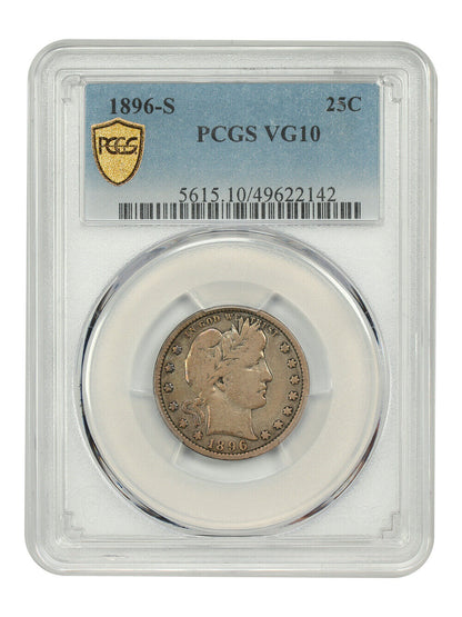 1896-S 25C PCGS VG10 - Barber Quarter - Famous Key Date