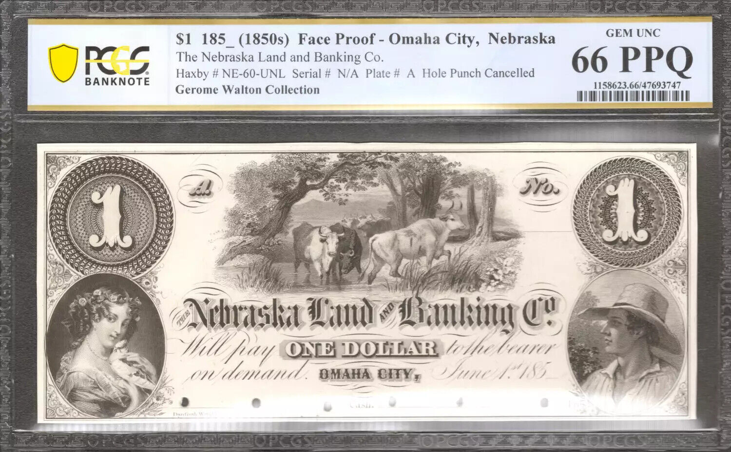 1850s $1 NEBRASKA LAND BANKING CO FACE PROOF NOTE NE-60-UNL PCGS UNC 66 PPQ (747