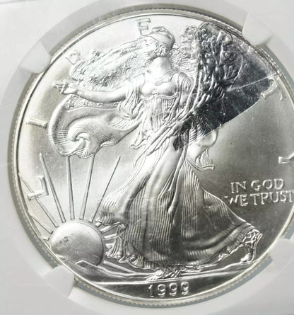 1999 AMERICAN SILVER EAGLE S$1 NGC MS 68 MINT ERROR - OBV STRUCK THRU (007)