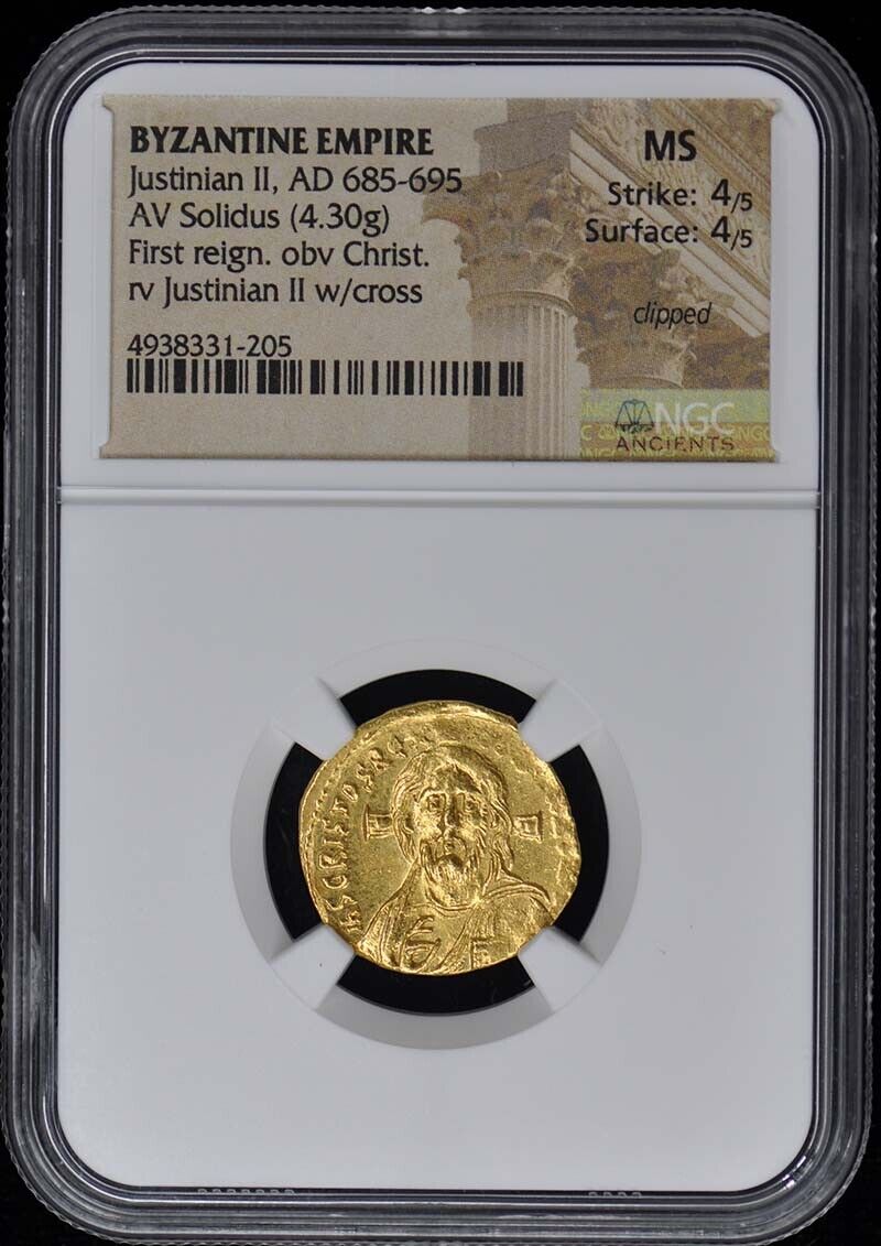 Justinian II, AD 685-695 BYZANTINE EMPIRE AV Solidus NGC MS60 First Reign Christ