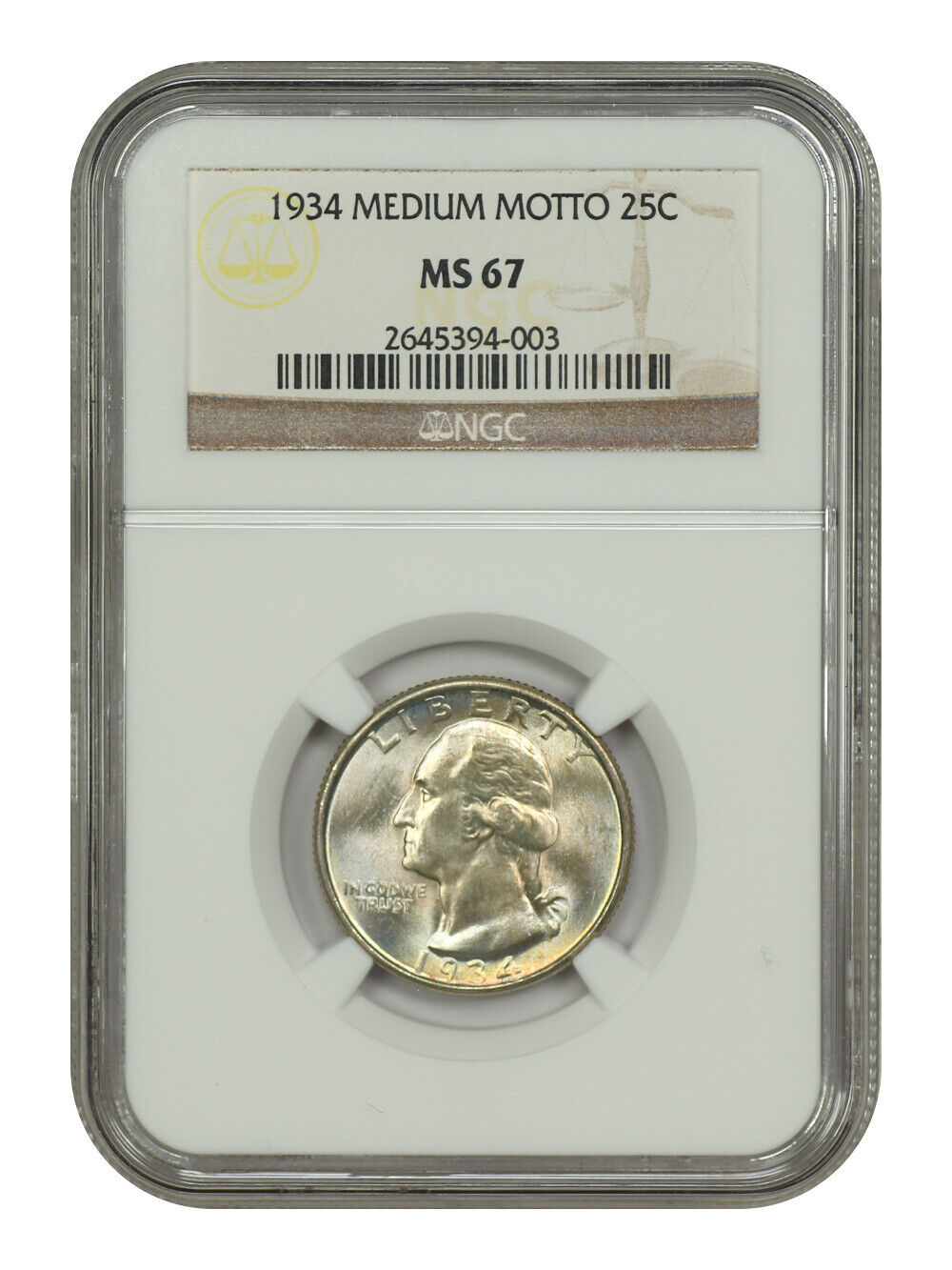 1934 25C NGC MS67 (Medium Motto) - Washington Quarter - Pretty Pastel Tints