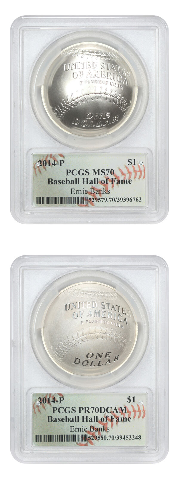 Lot of 2014-P $1 Baseball Hall of Fame PCGS MS/PR70DCAM (Ernie Banks Autograph,