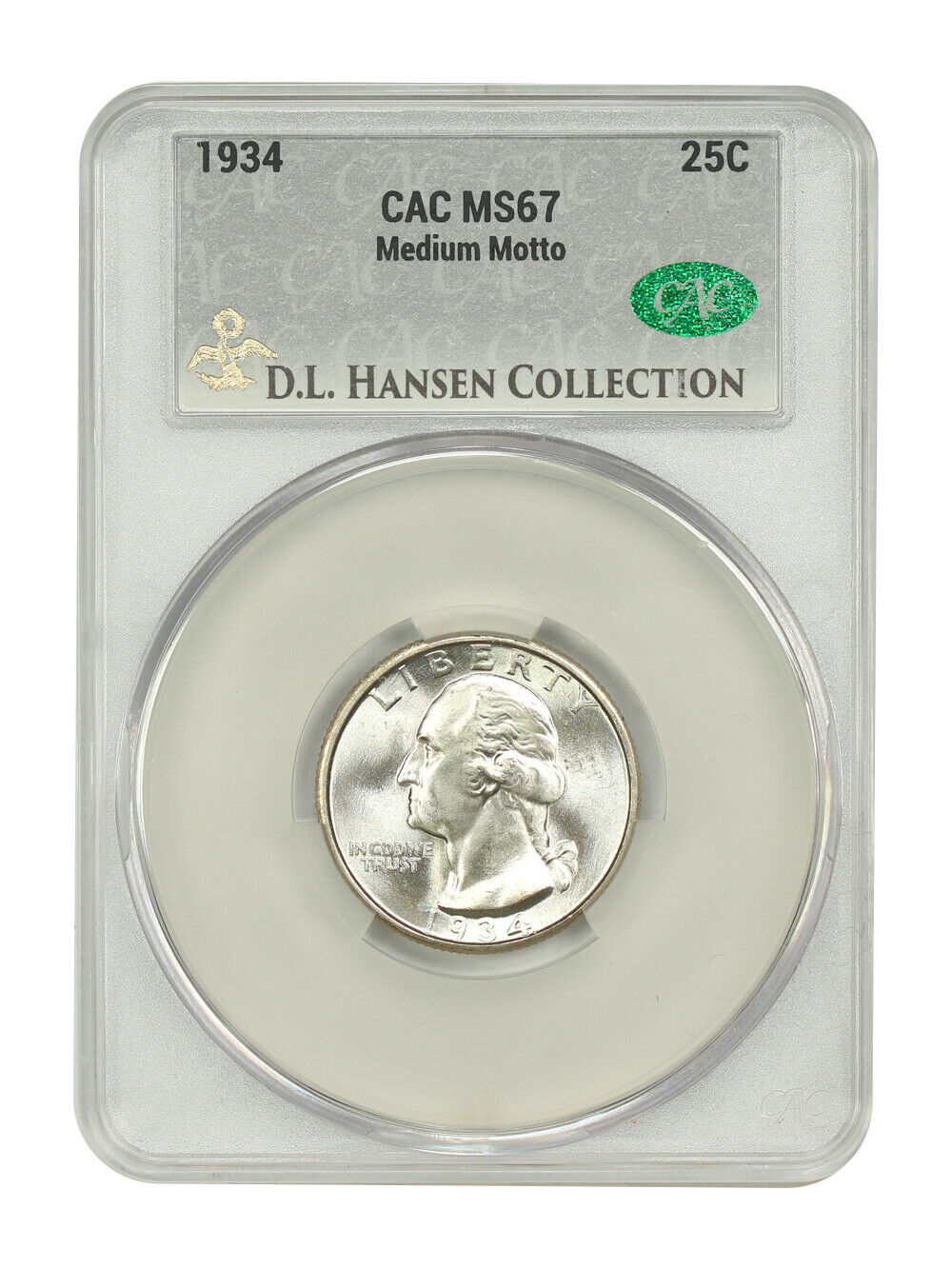 1934 25C CACG MS67 (Medium Motto) ex: D.L. Hansen - Washington Quarter