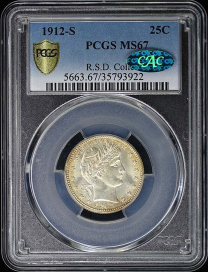 1912-S 25C Barber Quarter PCGS MS67 (CAC) Pop 2