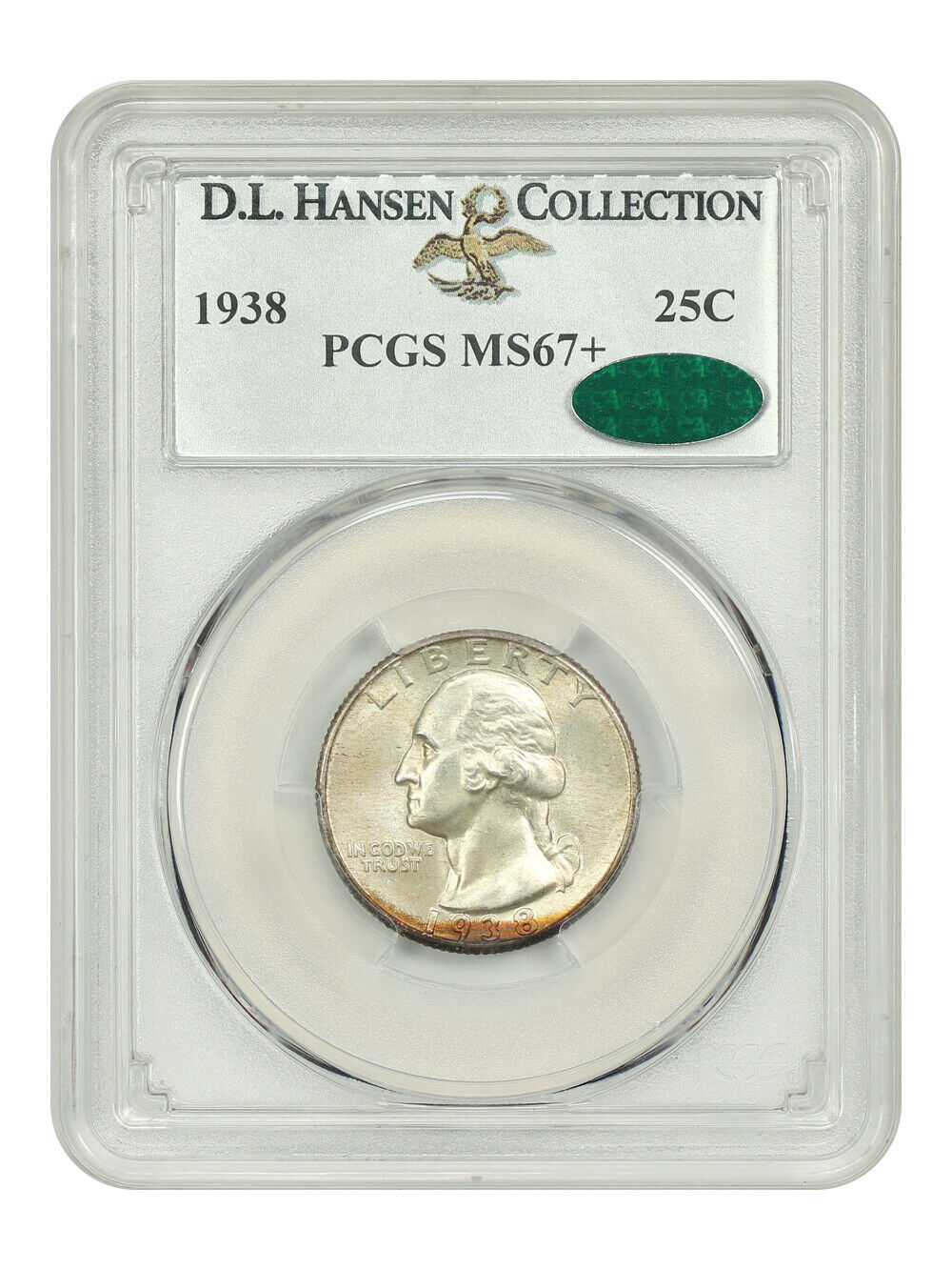 1938 25C PCGS/CAC MS67+ ex: D.L. Hansen - Washington Quarter - High-End Gem