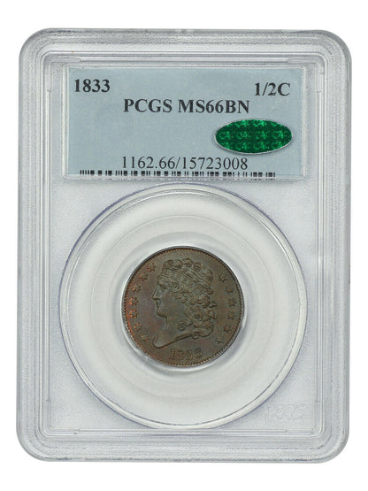 1833 1/2C PCGS/CAC MS66BN