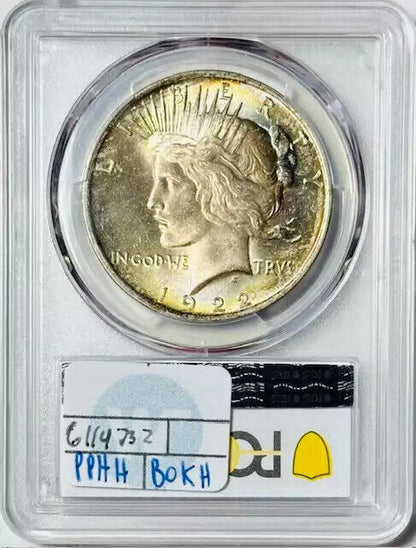 1922 P Peace Dollar PCGS MS-65 MONSTER RAINBOW, Double Sided