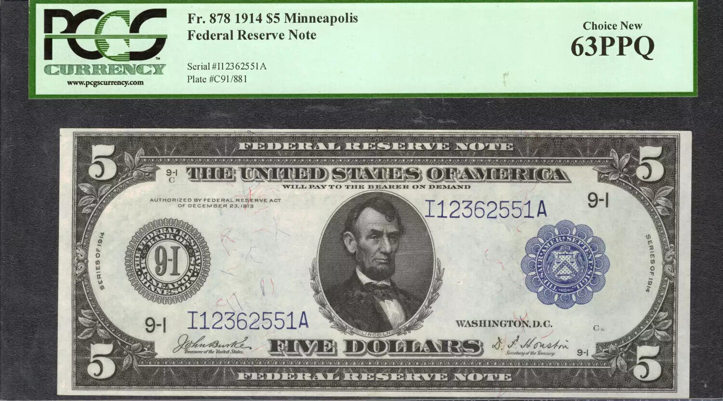 1914 $5 FEDERAL RESERVE NOTE MINNEAPOLIS FR.878 PCGS CHOICE UNC 63 PPQ (551A)