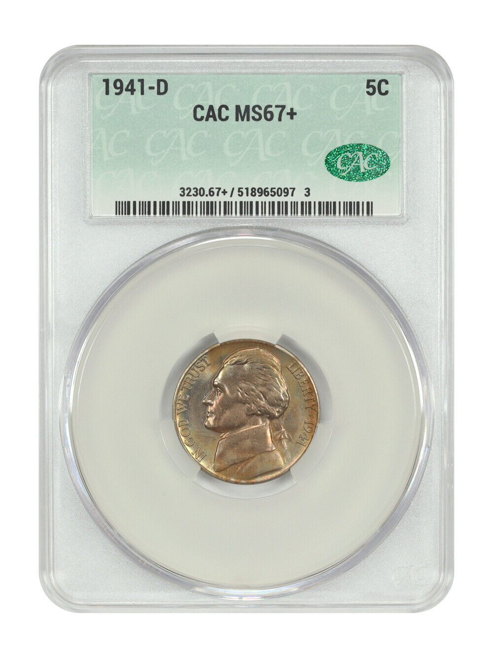 1941-D 5C CACG MS67+ - Jefferson Nickel - Rainbow Toning