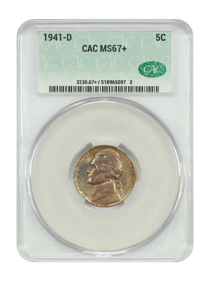 1941-D 5C CACG MS67+ - Jefferson Nickel - Rainbow Toning