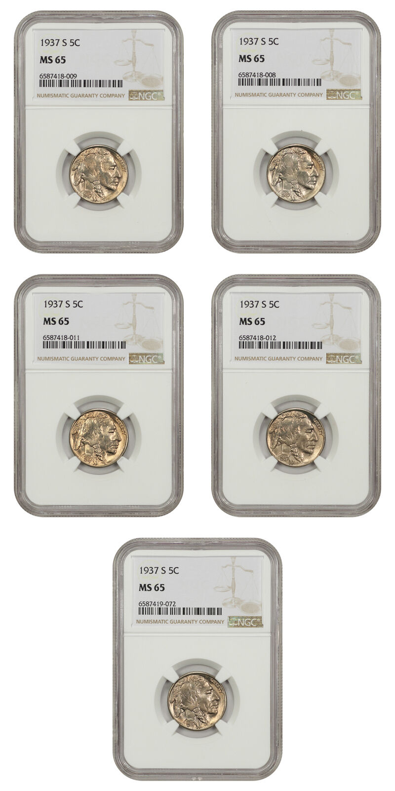 Lot of 1937-S 5C NGC MS65 (5 Coins)