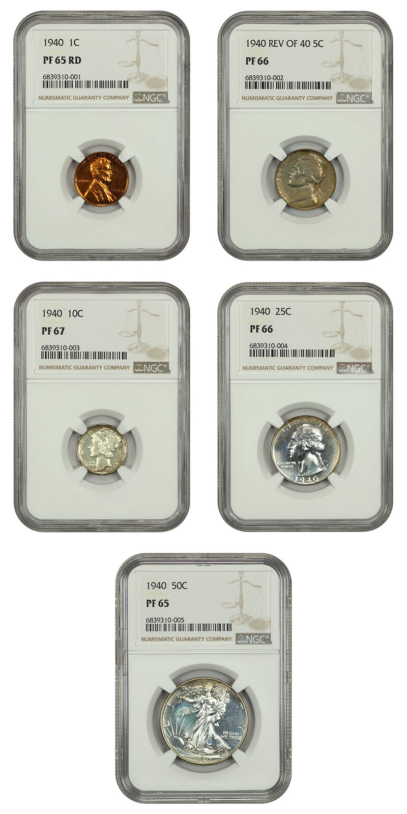 1940 1C-50C Proof Set NGC PR65-67 (5 Coins) - Proof Sets