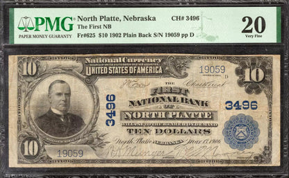 1902 $10 FIRST NATIONAL BANKNOTE CURRENCY NORTH PLATTE NEBRASKA PMG 20 VF (059)