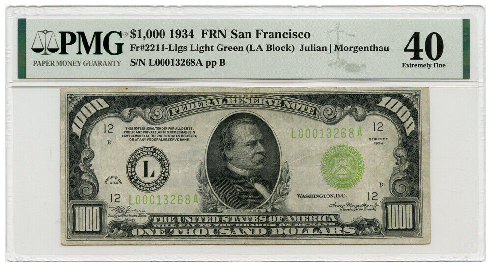 FR.2211-Llgs 1934 $1,000 FRN San Francisco PMG XF40 (Light Green) - Other