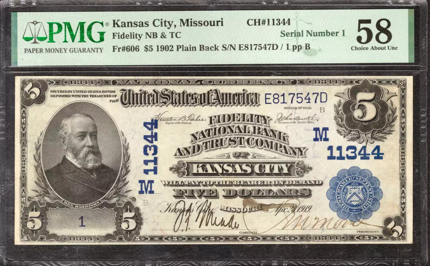 1902 $5 FIDELITY NATIONAL BANK NOTE SERIAL NUMBER 1 KANSAS CITY MISSOURI PMG 58