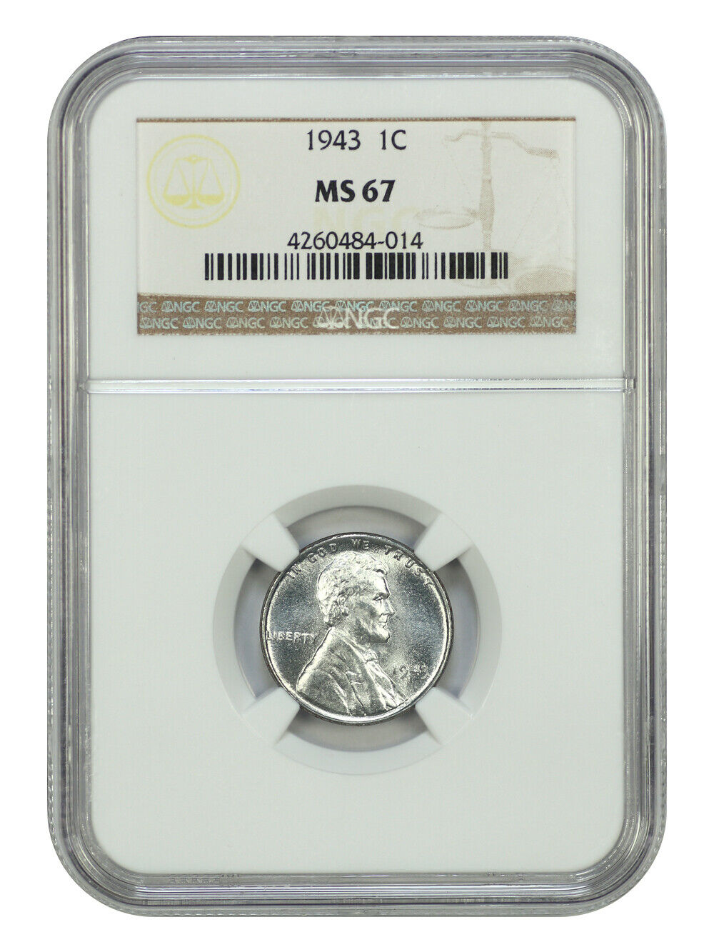 1943 1C NGC MS67 - Lincoln Cent (Wheat Reverse) - WW2 Steel Cent