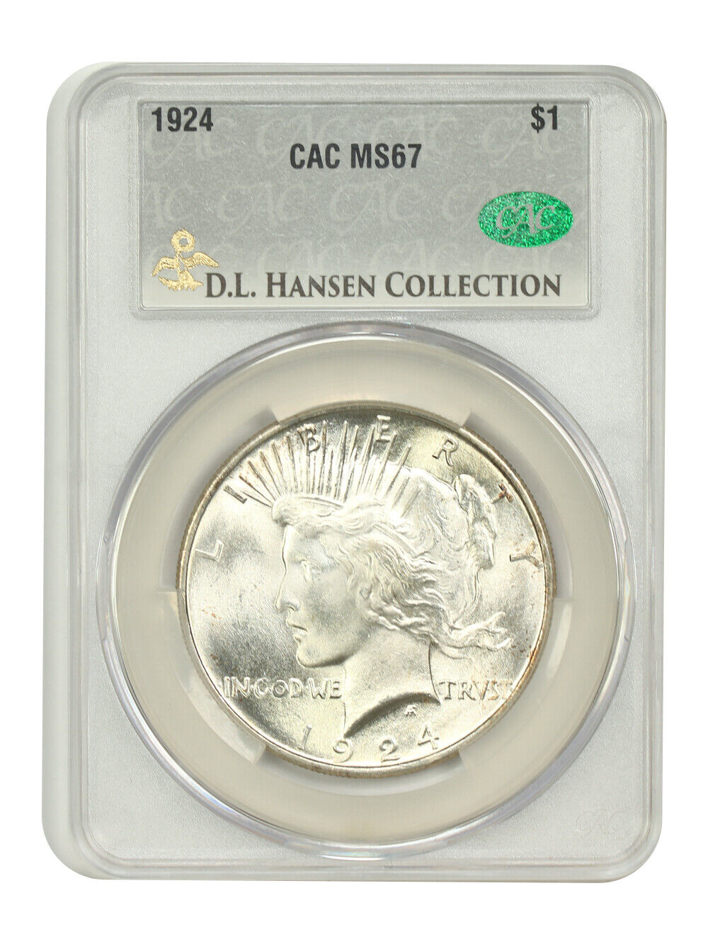 1924 $1 CACG MS67 ex: D.L. Hansen/Monterey Bay - Peace Dollar