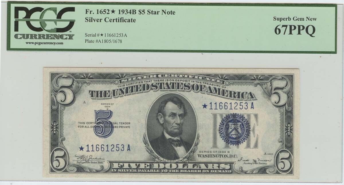 1934B $5 Silver Certificate Star FR#1652* PCGS 67PPQ Superb Gem Finest Known