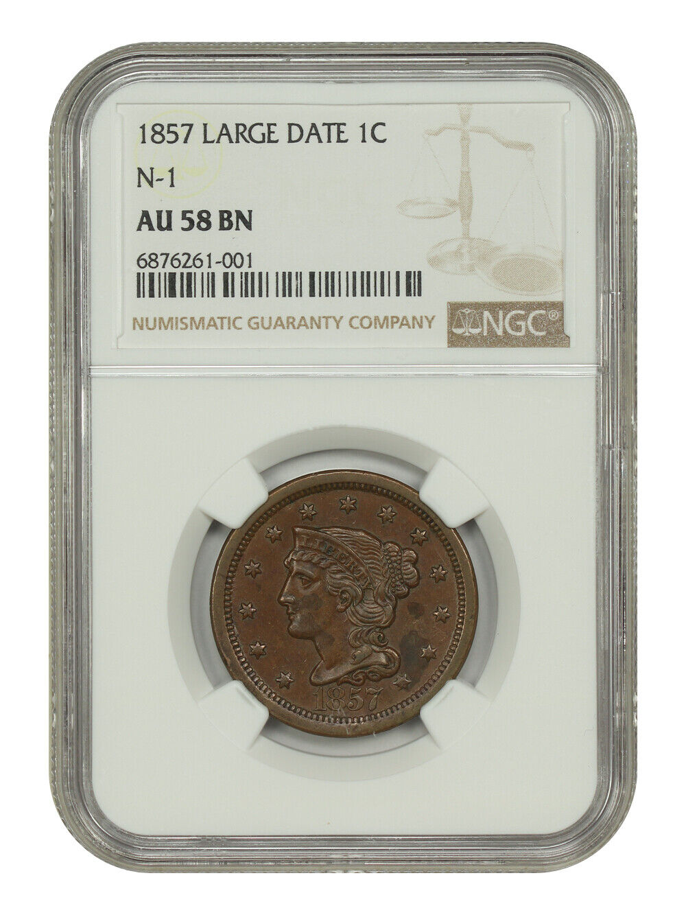 1857 1C NGC AU58 (Large Date) - Braided Hair Cent - Key Date