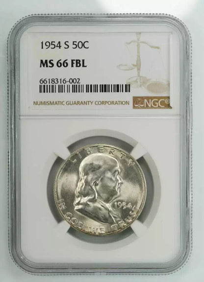 1954 S FRANKLIN HALF DOLLAR 50C NGC MS 66 FBL MINT UNC - FULL BELL LINES (002)