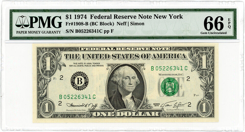 Fr.1908-B 1974 $1 FRN New York PMG Gem UNC 66 EPQ