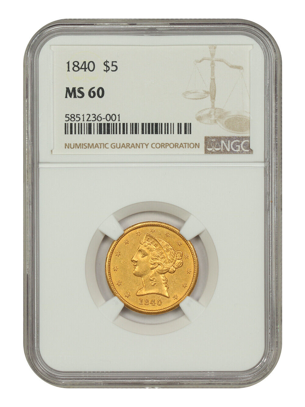 1840 $5 NGC MS60 - Liberty Head $5