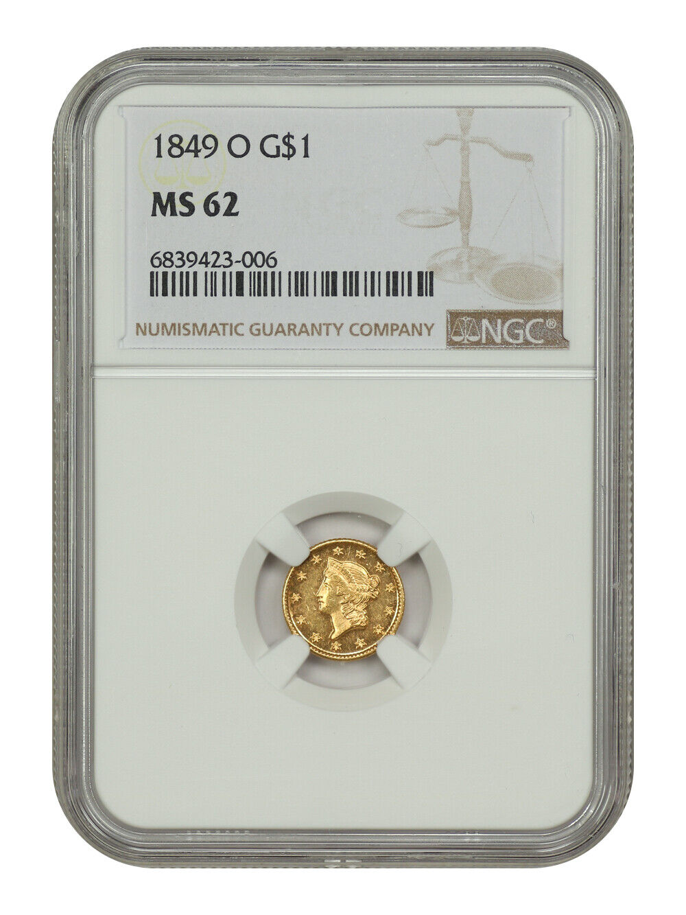 1849-O G$1 NGC MS62 - Gold Dollar - Gold Rush Year