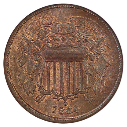 1864 2C NGC MS66RB (Large Motto) - Two Cent - Great Type Example