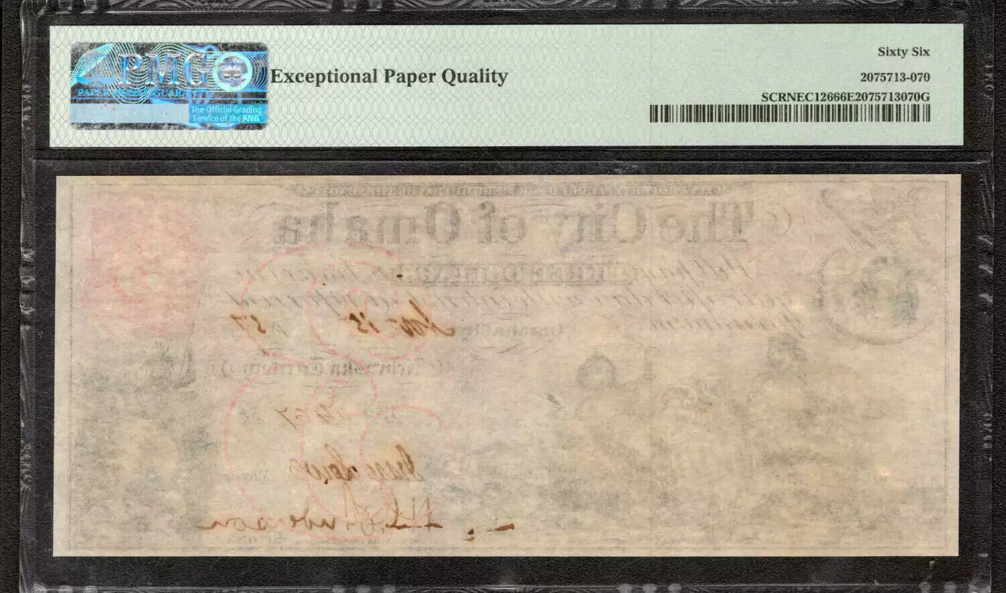 1857 $3 CITY OF OMAHA NEBRASKA TERRITORY OBSOLETE NOTE PMG GEM UNC 66 EPQ