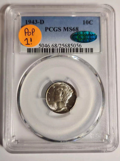 1943 D Mercury Dime PCGS MS-68 CAC - POP 1! - PRETTY