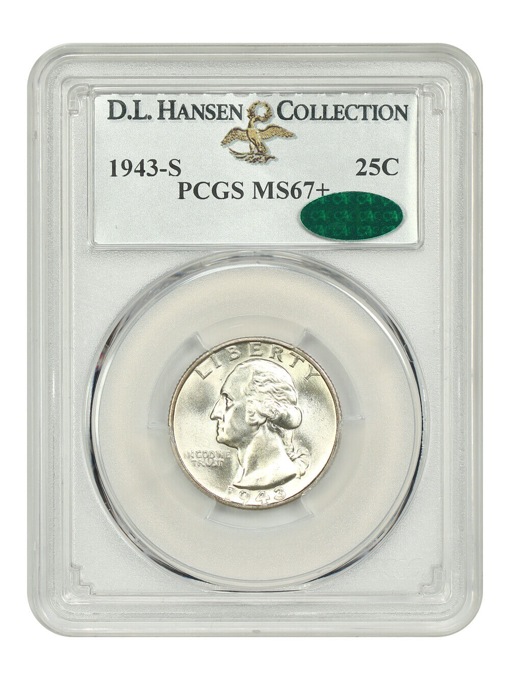 1943-S 25C PCGS/CAC MS67+ ex: D.L. Hansen - Washington Quarter - Registry Worthy