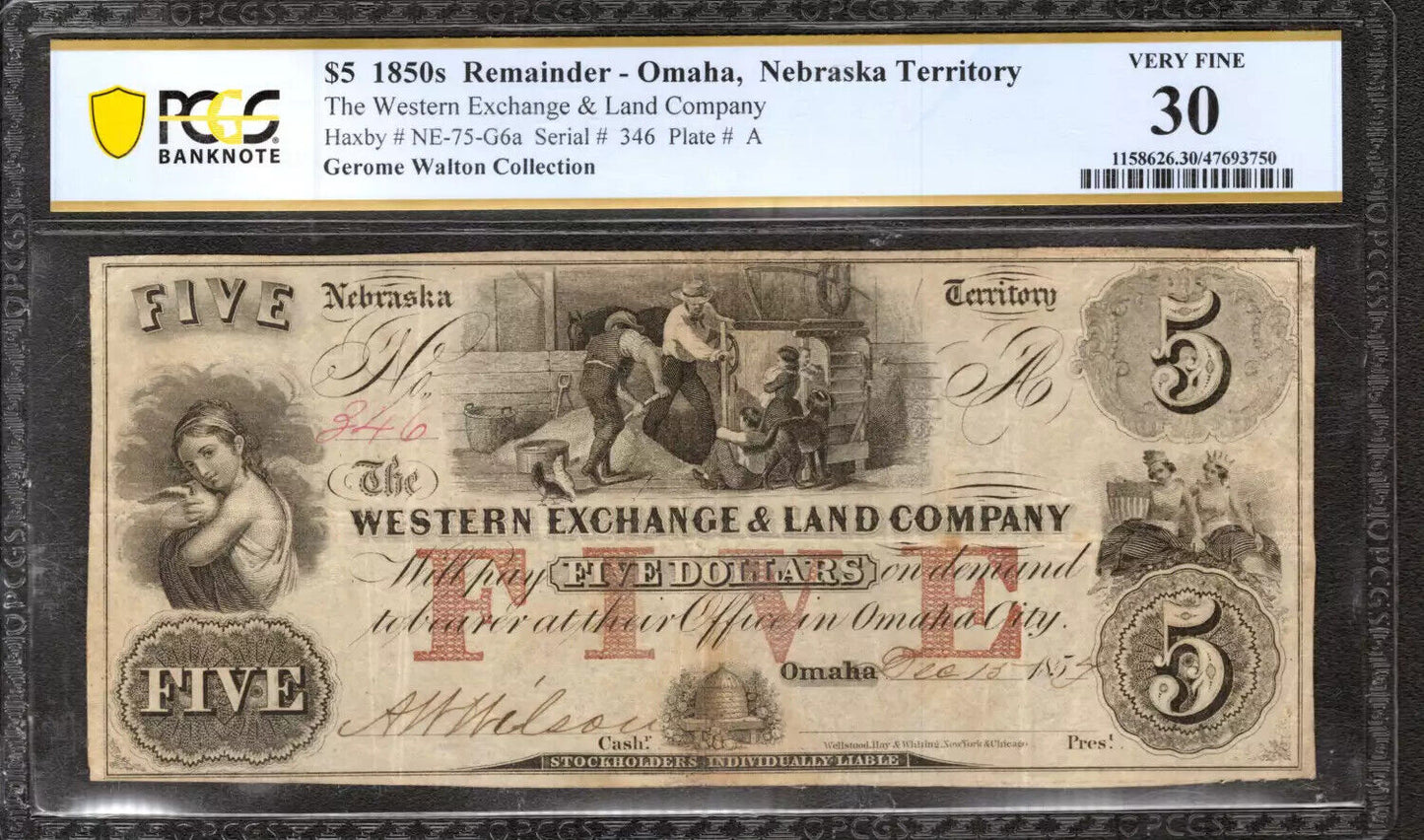 1850 $1 WESTERN EXCHANGE LAND CO. OMAHA NE REMAINDER OBSOLETE NOTE PCGS VF 30