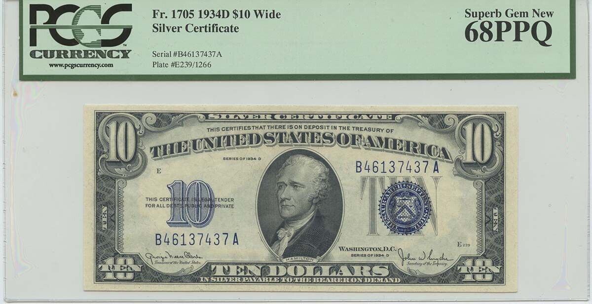 1934D $10 Silver Cert FR#1705 PCGS 68 Superb Gem PPQ Wide POP 1