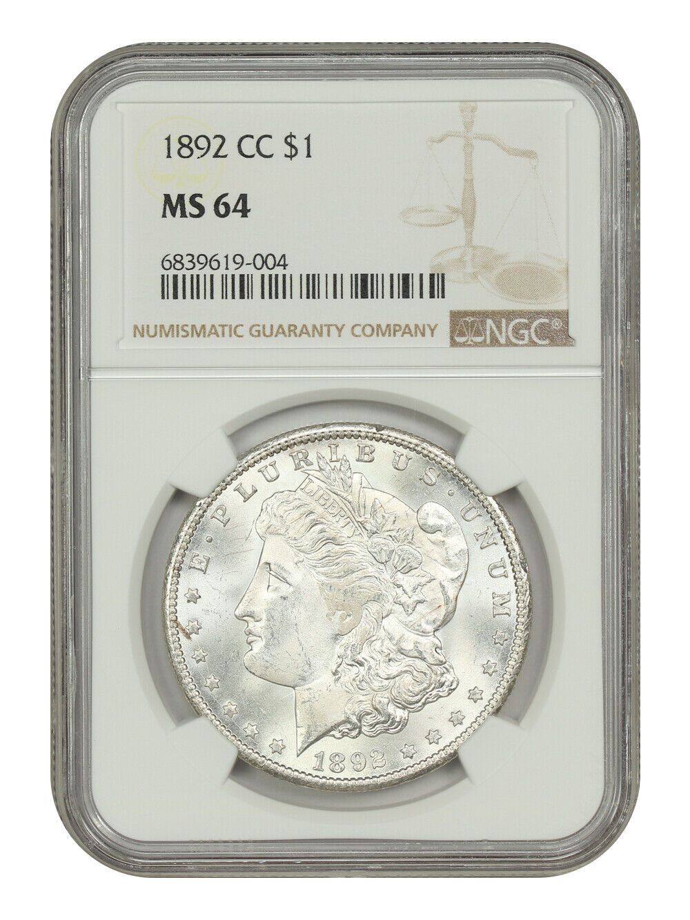 1892-CC $1 NGC MS64 - Morgan Dollar - Popular, Scarce Carson City Morgan