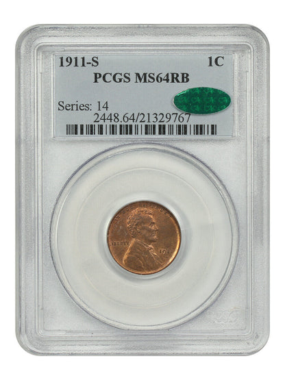 1911-S 1C PCGS/CAC MS64RB - Lincoln Cent (Wheat Reverse) - Better S-Mint